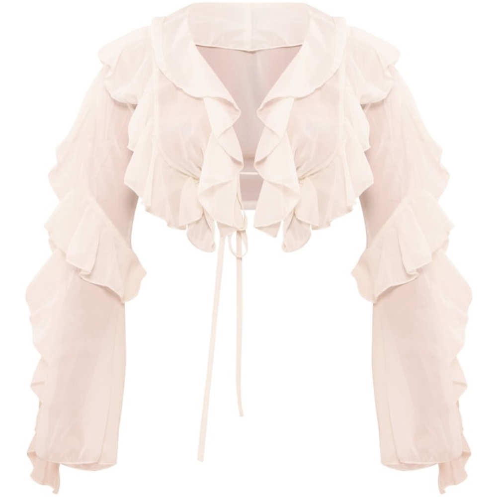 PLT Cream Extreme Frill Tie Front Flare Sleeve Blouse